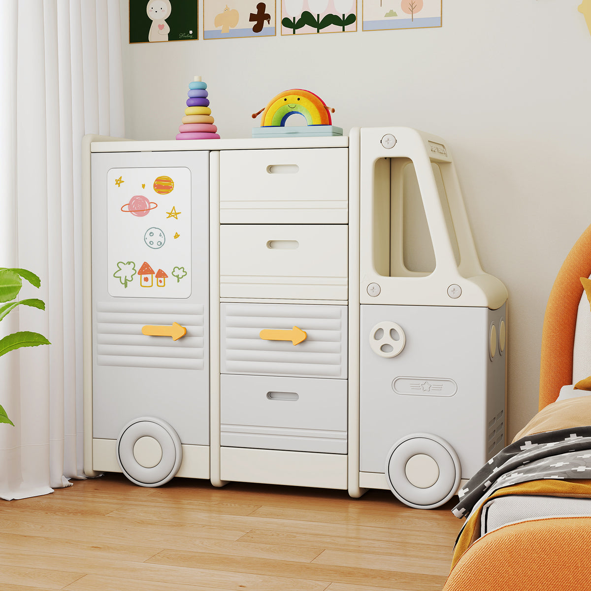 Kids Toy Storage Organizer Bus-shaped Cabinet with 4 Pull-out Drawers Gray Variation
