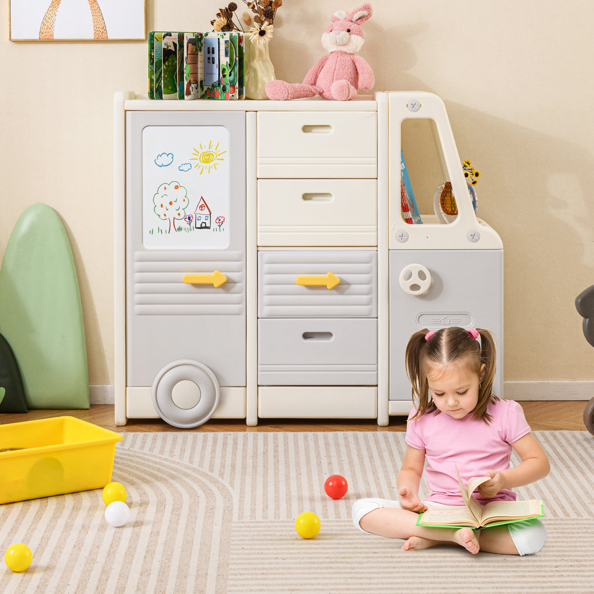 Kids Toy Storage Organizer Bus-shaped Cabinet with 4 Pull-out Drawers Gray Variation