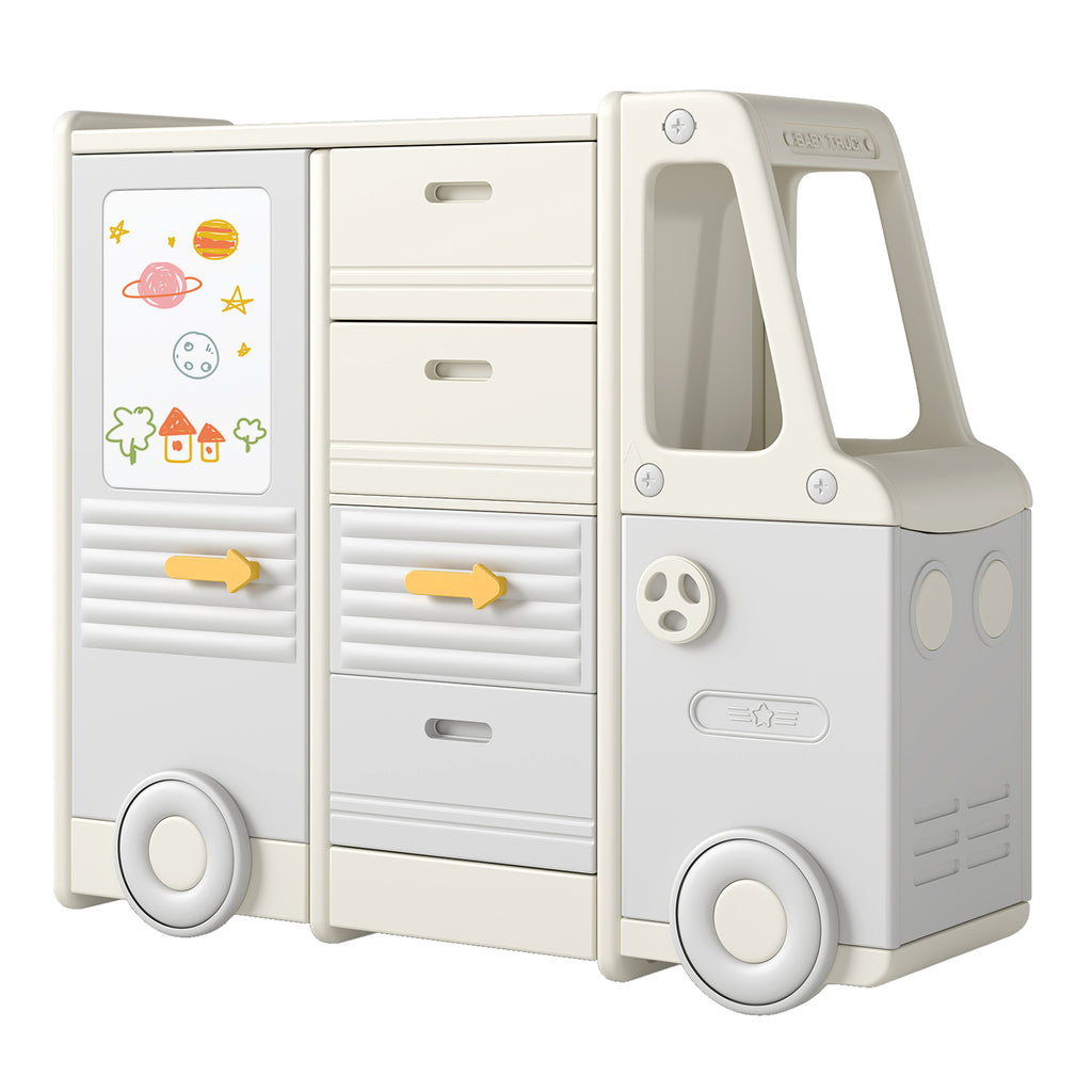 Kids Toy Storage Organizer Bus-shaped Cabinet with 4 Pull-out Drawers Gray Variation