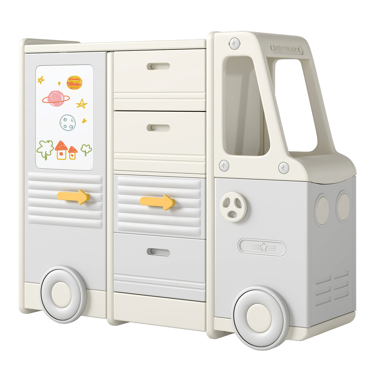 Kids Toy Storage Organizer Bus-shaped Cabinet with 4 Pull-out Drawers Gray Variation