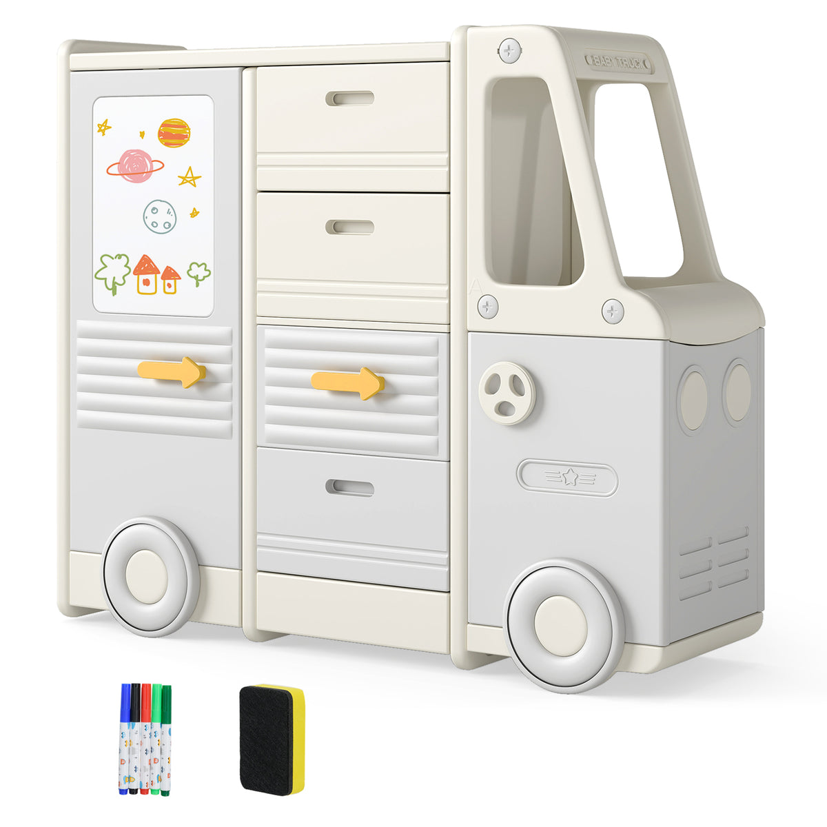 Kids Toy Storage Organizer Bus-shaped Cabinet with 4 Pull-out Drawers Gray Variation