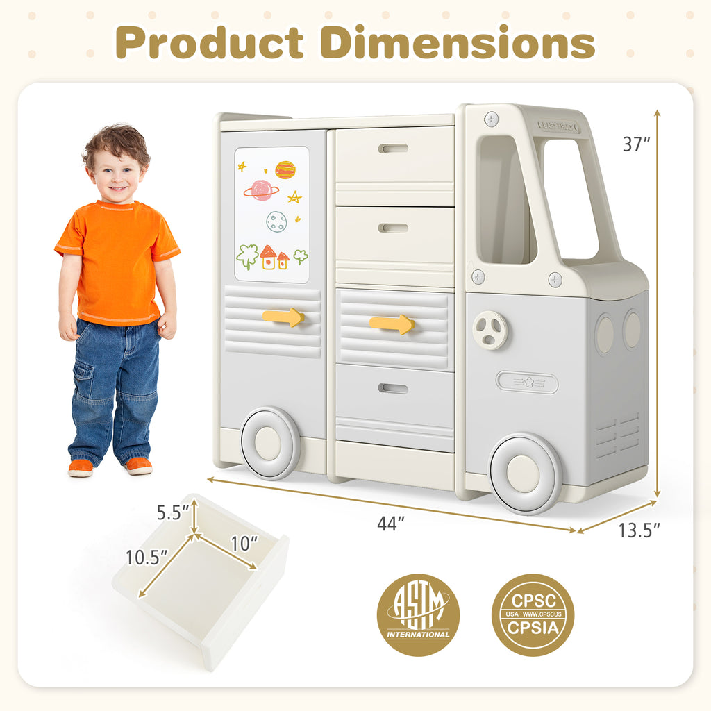 Kids Toy Storage Organizer Bus-shaped Cabinet with 4 Pull-out Drawers Gray Variation