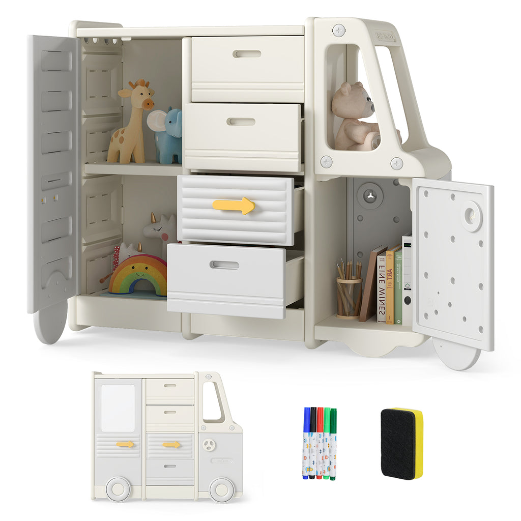 Kids Toy Storage Organizer Bus-shaped Cabinet with 4 Pull-out Drawers Gray Variation