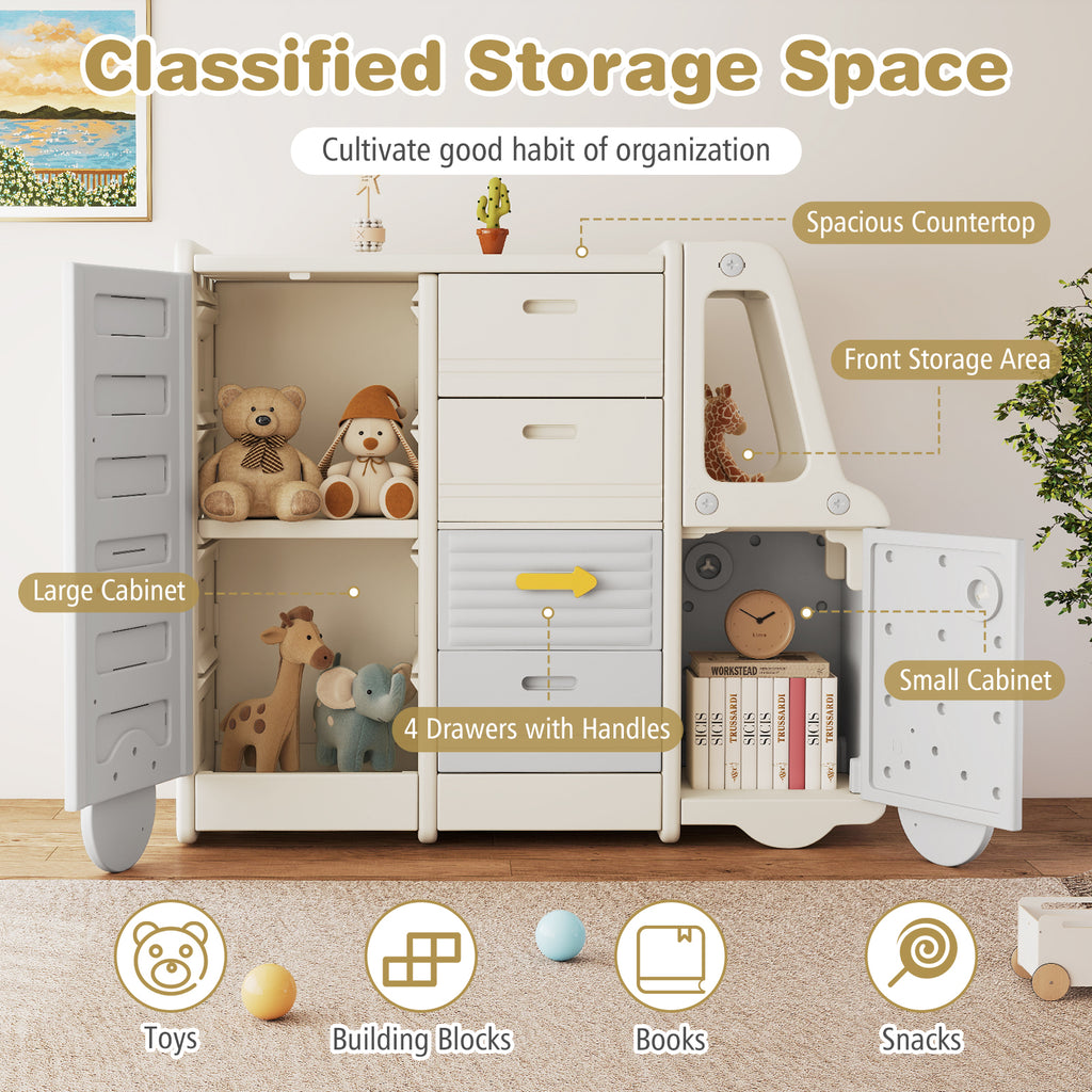 Kids Toy Storage Organizer Bus-shaped Cabinet with 4 Pull-out Drawers Gray Variation