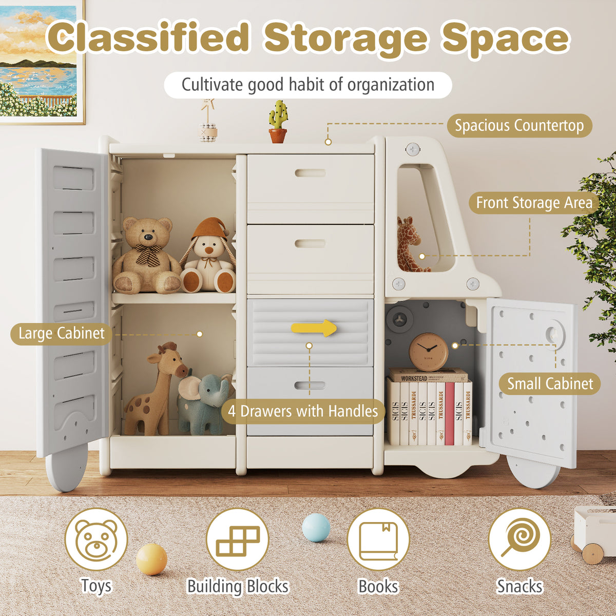 Kids Toy Storage Organizer Bus-shaped Cabinet with 4 Pull-out Drawers Gray Variation