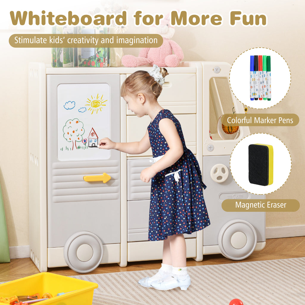 Kids Toy Storage Organizer Bus-shaped Cabinet with 4 Pull-out Drawers Gray Variation