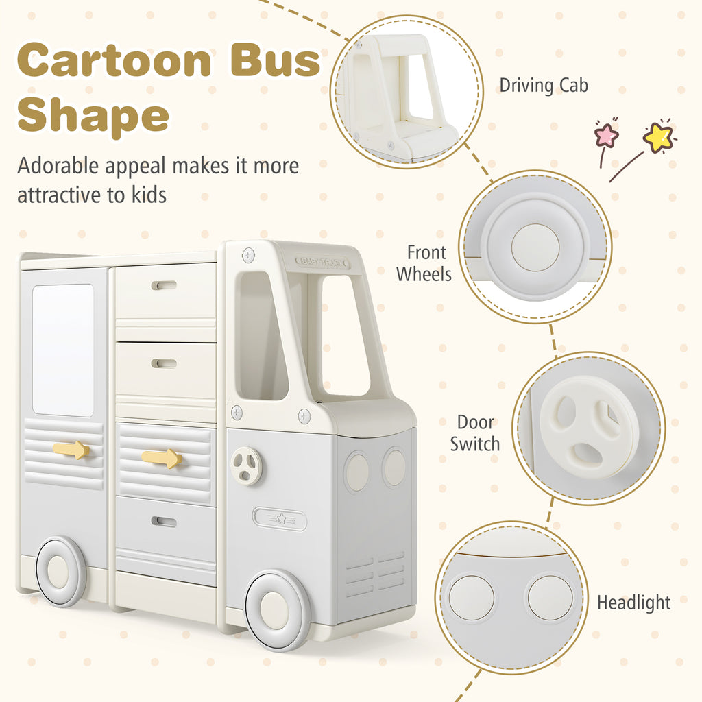 Kids Toy Storage Organizer Bus-shaped Cabinet with 4 Pull-out Drawers Gray Variation