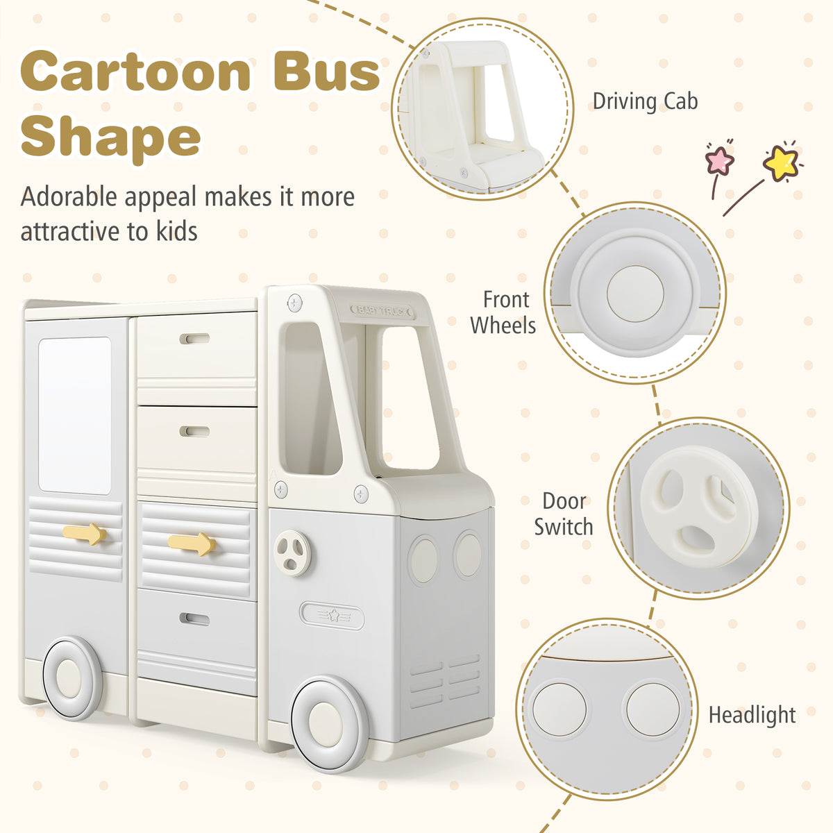 Kids Toy Storage Organizer Bus-shaped Cabinet with 4 Pull-out Drawers Gray Variation