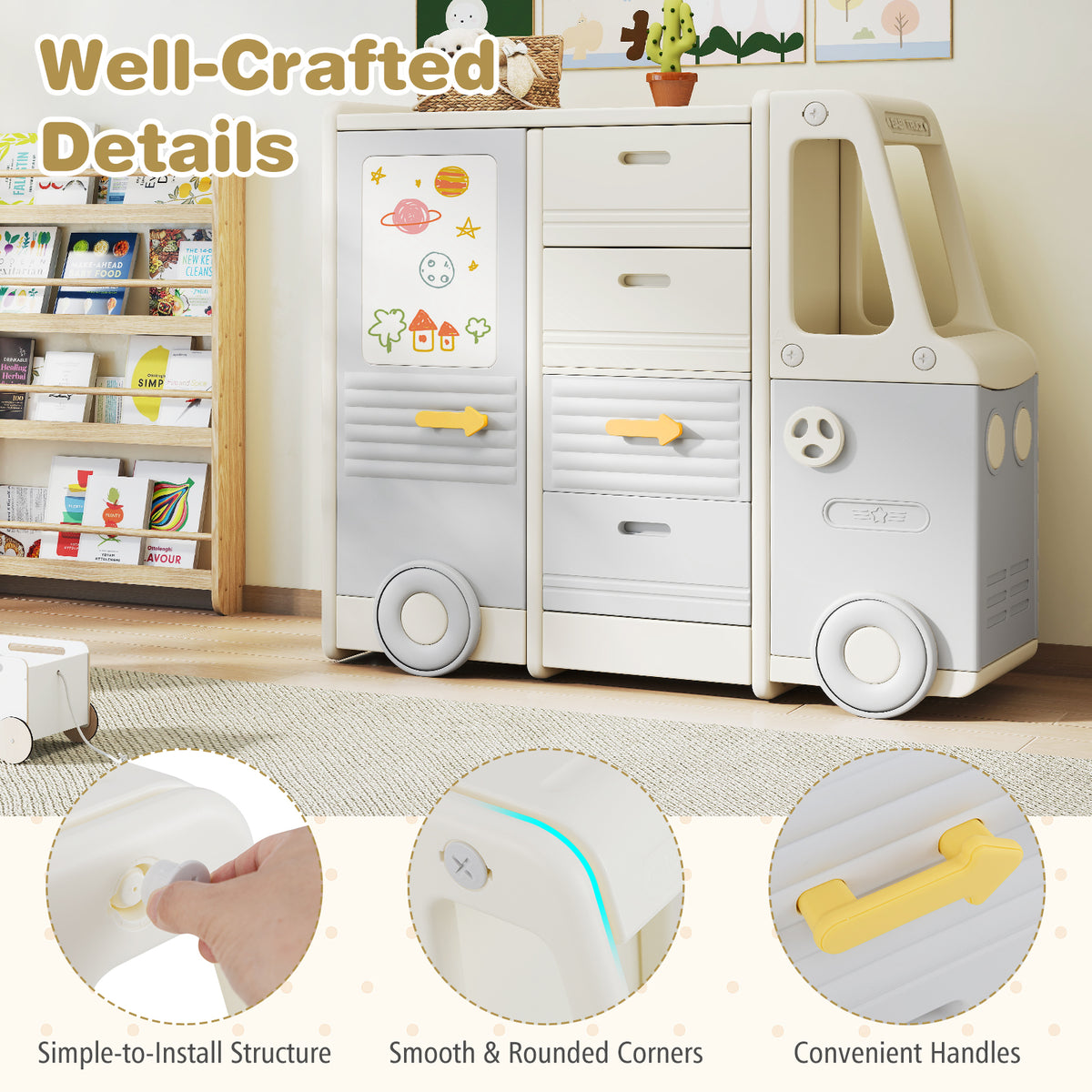 Kids Toy Storage Organizer Bus-shaped Cabinet with 4 Pull-out Drawers Gray Variation