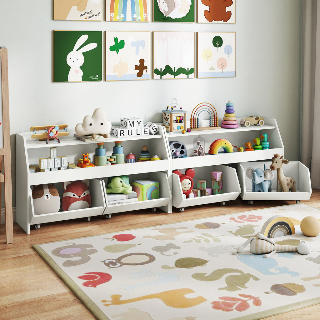 Kids Toy Storage Organizer Wooden Bookcase with 2 Movable Drawers - White, 23.5 Inch