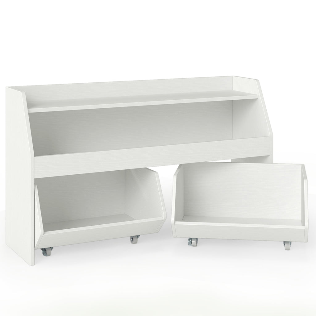 Kids Toy Storage Organizer Wooden Bookcase with 2 Movable Drawers - White, 23.5 Inch