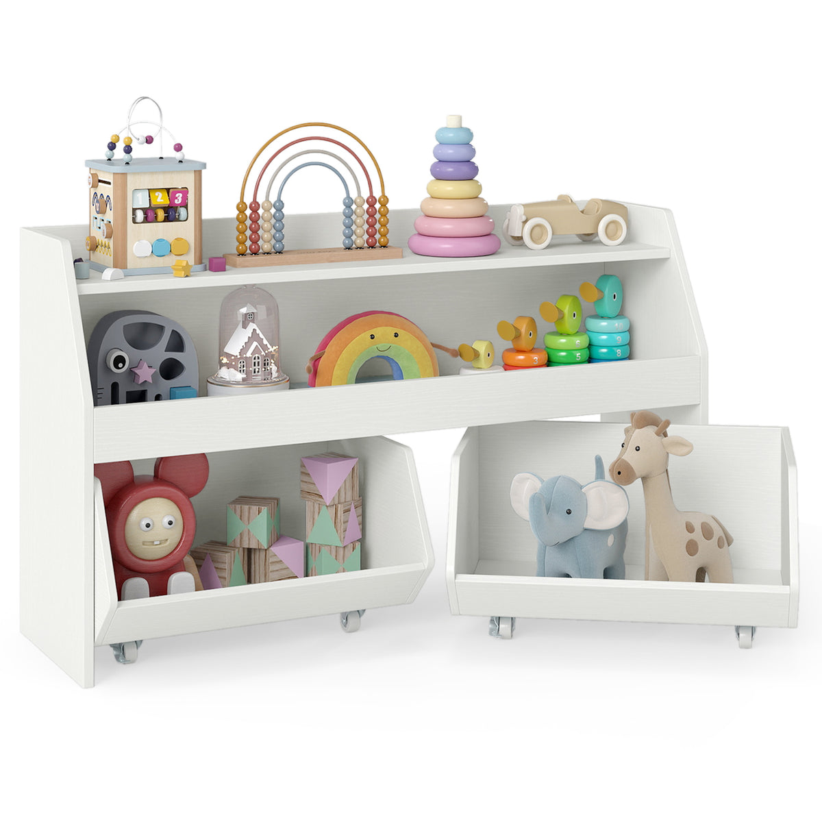 Kids Toy Storage Organizer Wooden Bookcase with 2 Movable Drawers - White, 23.5 Inch