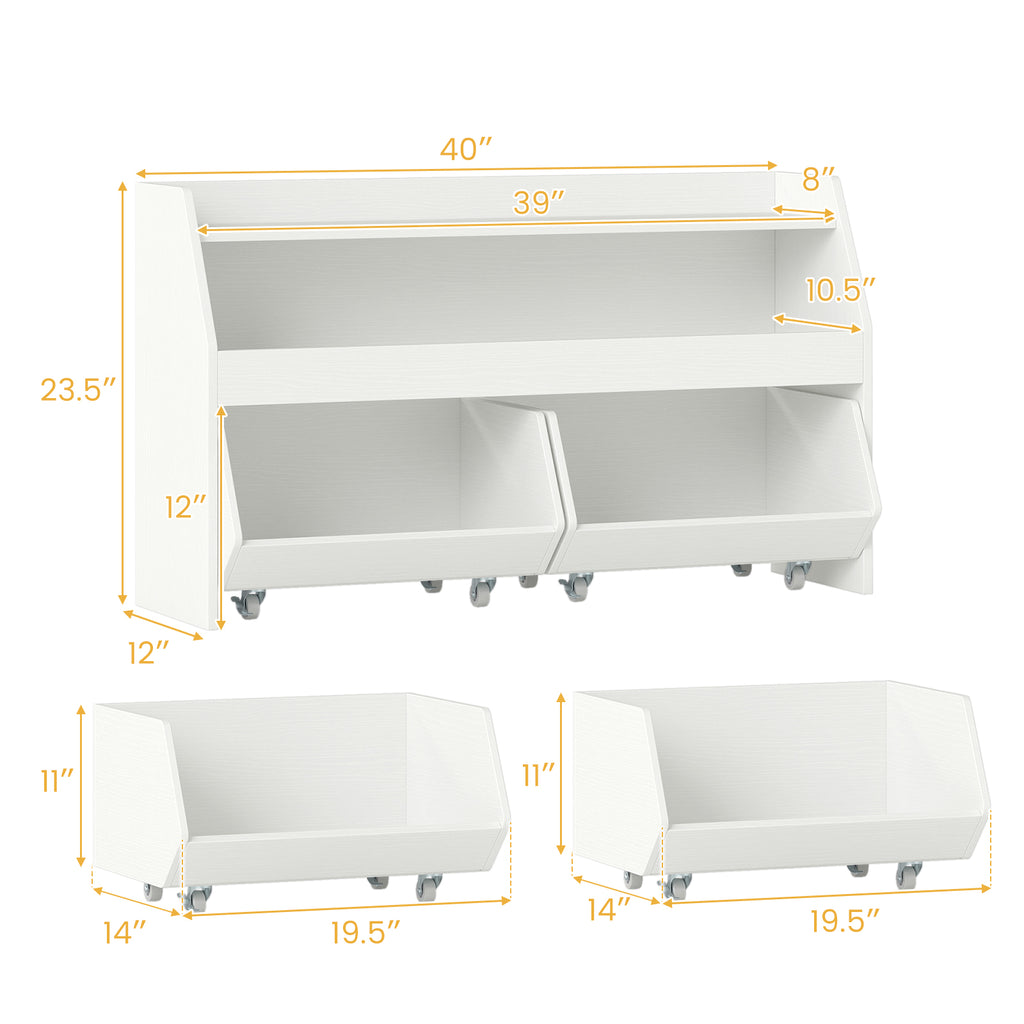 Kids Toy Storage Organizer Wooden Bookcase with 2 Movable Drawers - White, 23.5 Inch