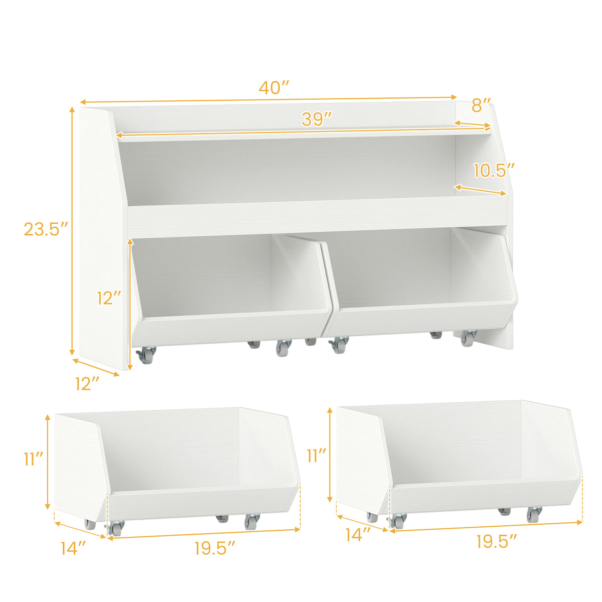 Kids Toy Storage Organizer Wooden Bookcase with 2 Movable Drawers - White, 23.5 Inch