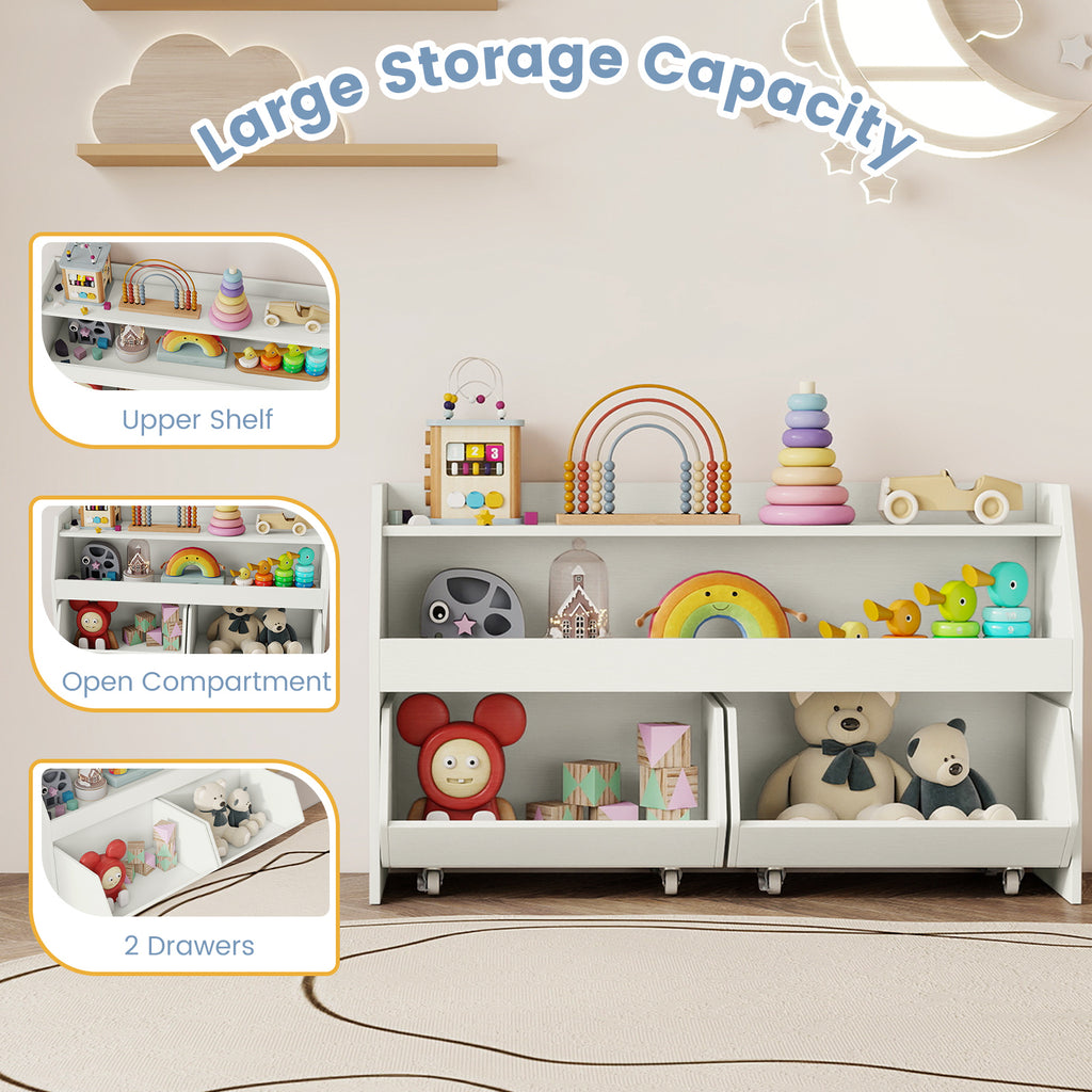 Kids Toy Storage Organizer Wooden Bookcase with 2 Movable Drawers - White, 23.5 Inch