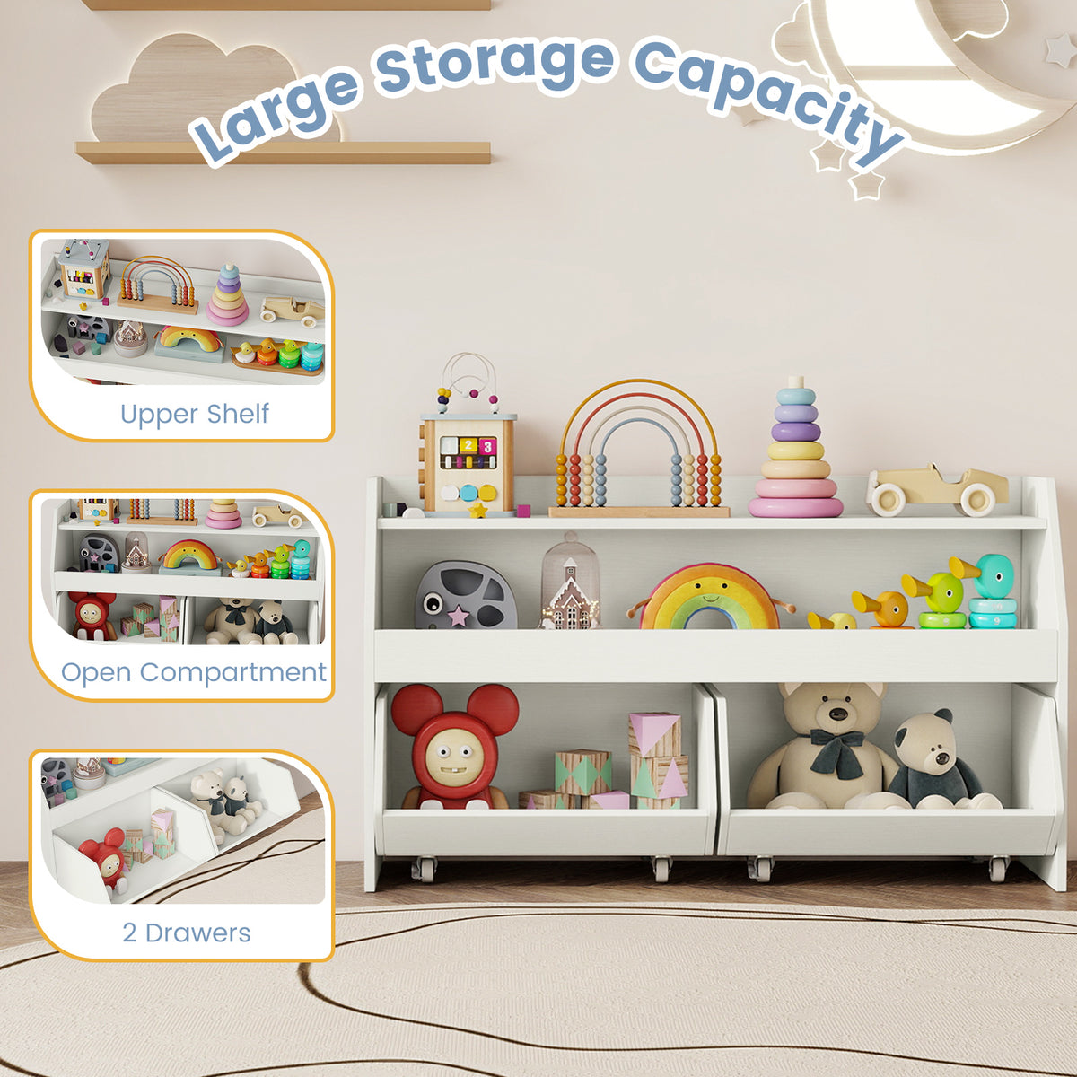 Kids Toy Storage Organizer Wooden Bookcase with 2 Movable Drawers - White, 23.5 Inch