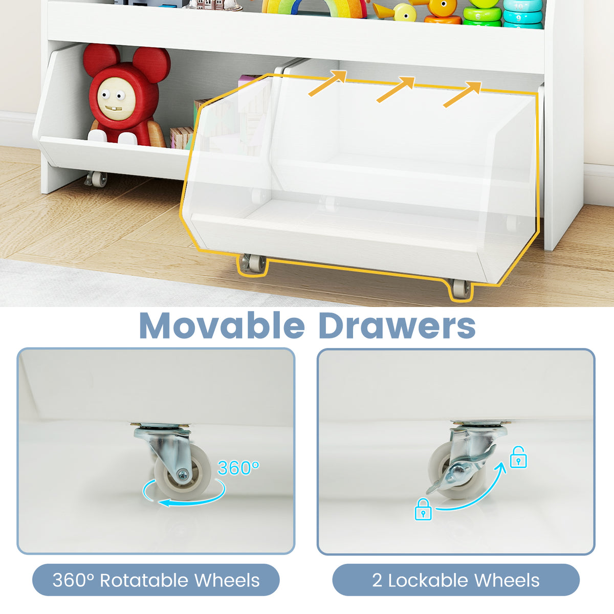 Kids Toy Storage Organizer Wooden Bookcase with 2 Movable Drawers - White, 23.5 Inch