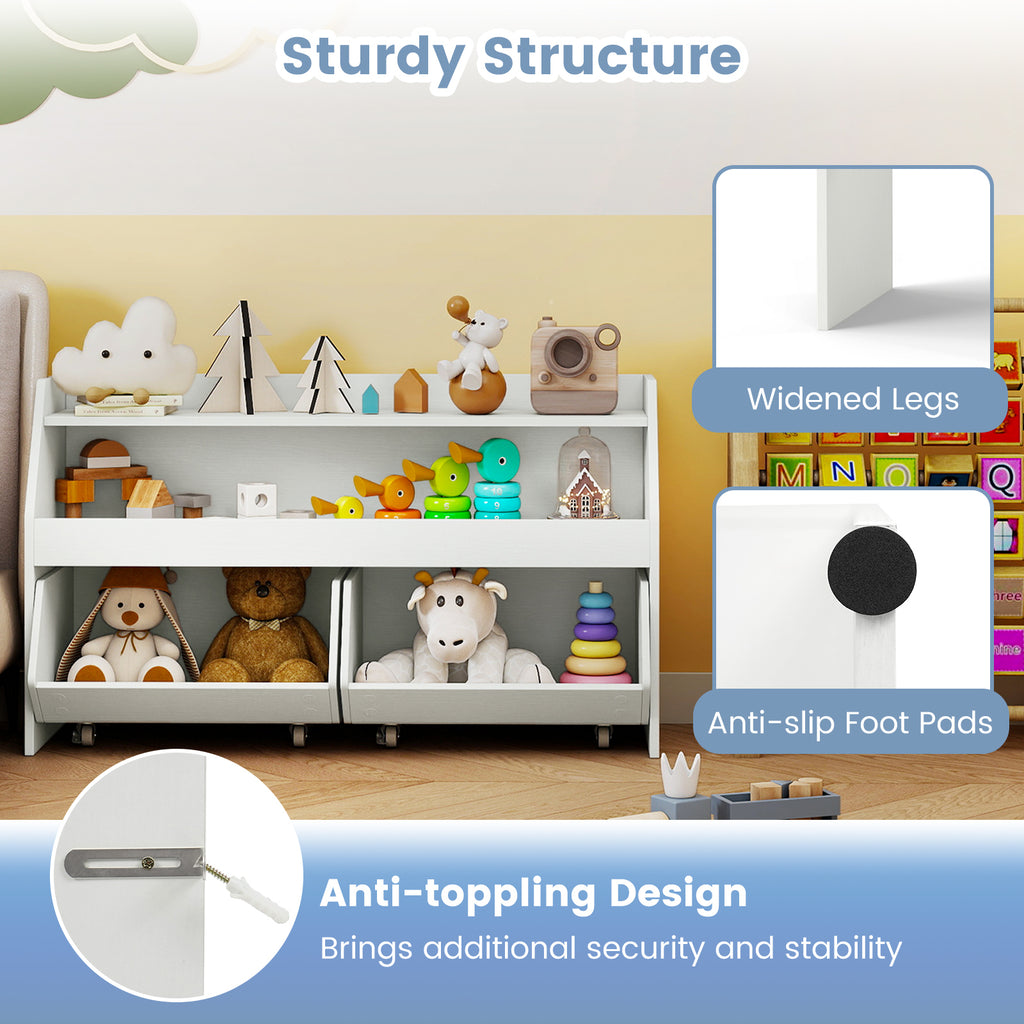Kids Toy Storage Organizer Wooden Bookcase with 2 Movable Drawers - White, 23.5 Inch