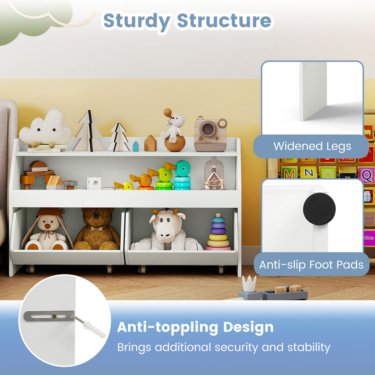 Kids Toy Storage Organizer Wooden Bookcase with 2 Movable Drawers - White, 23.5 Inch