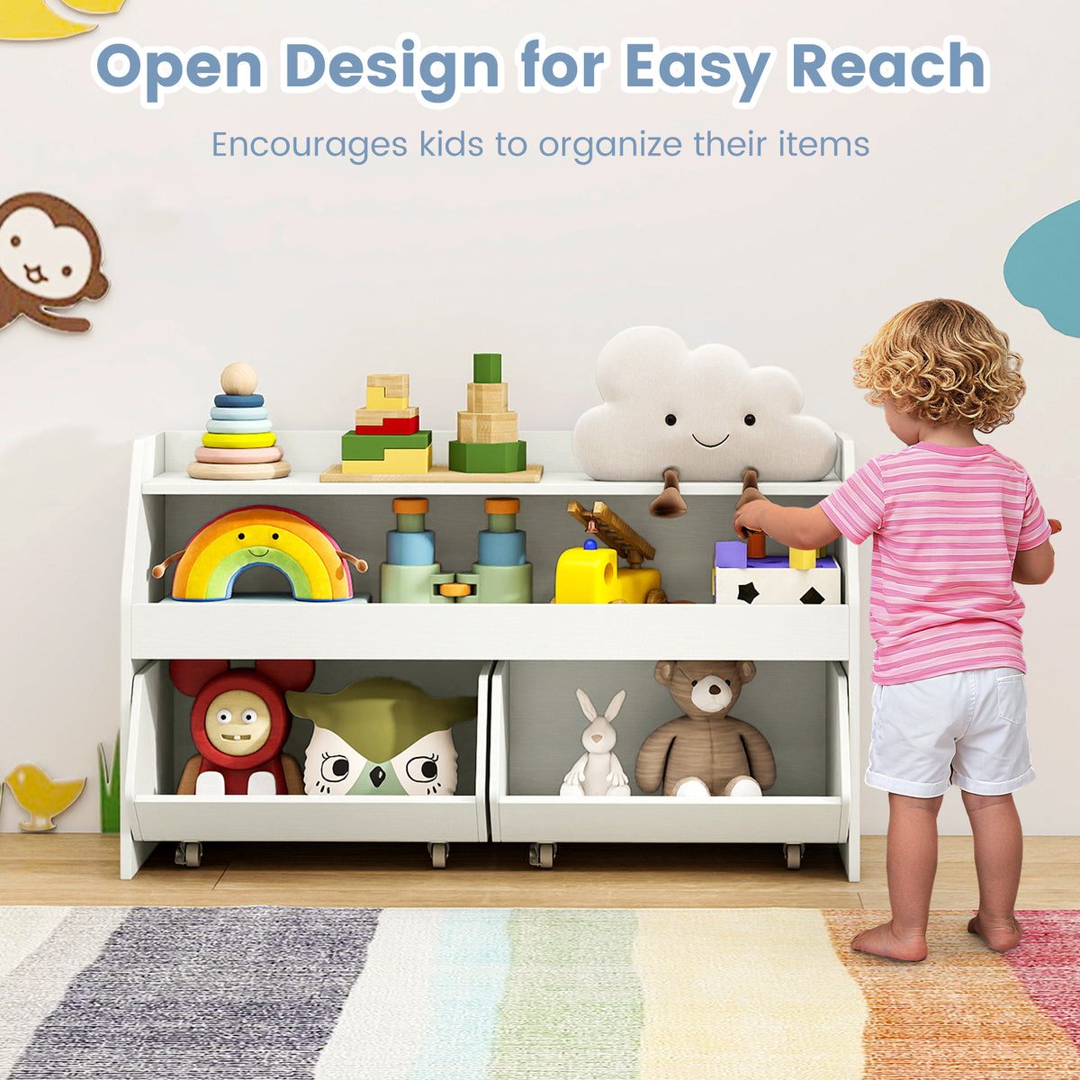 Kids Toy Storage Organizer Wooden Bookcase with 2 Movable Drawers - White, 23.5 Inch