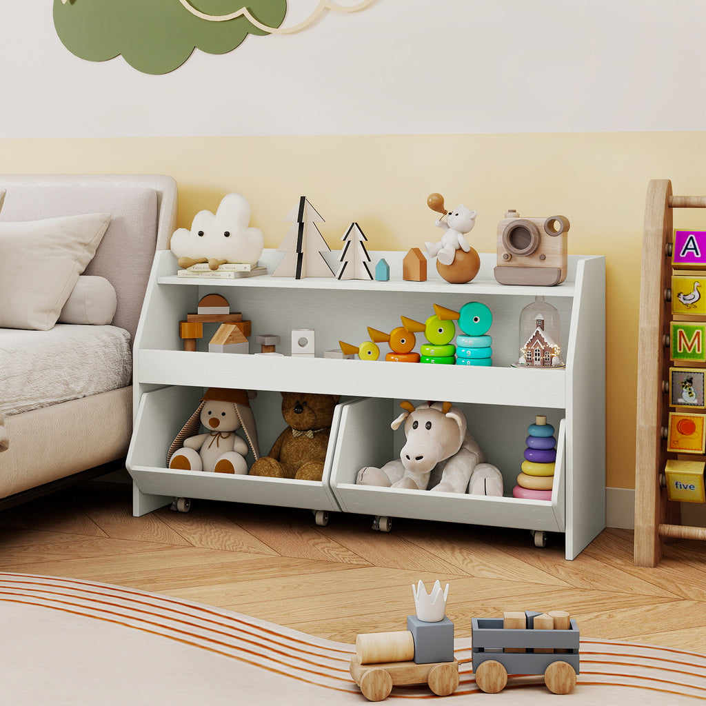 Kids Toy Storage Organizer Wooden Bookcase with 2 Movable Drawers - White, 23.5 Inch