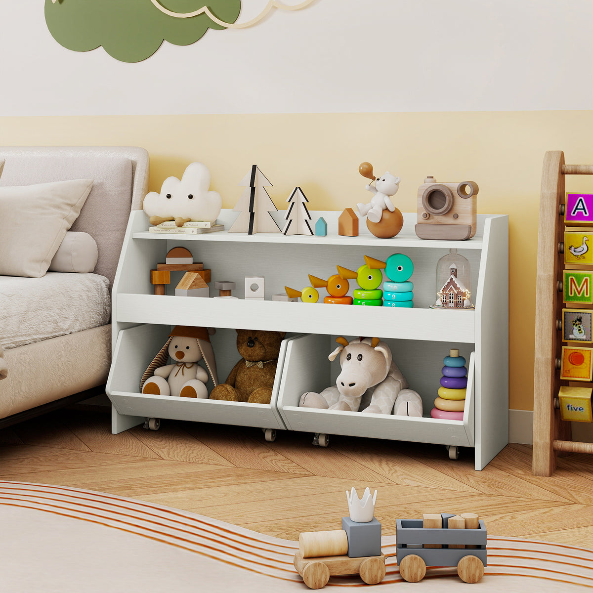 Kids Toy Storage Organizer Wooden Bookcase with 2 Movable Drawers - White, 23.5 Inch