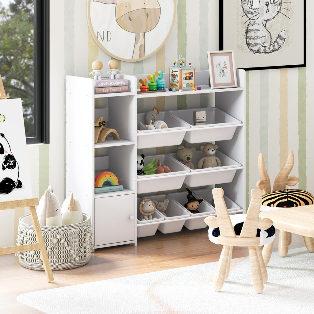 Kids Bookshelf and Toy Storage Rack with 8 Bins - White, 4-Tier Kids Organizer