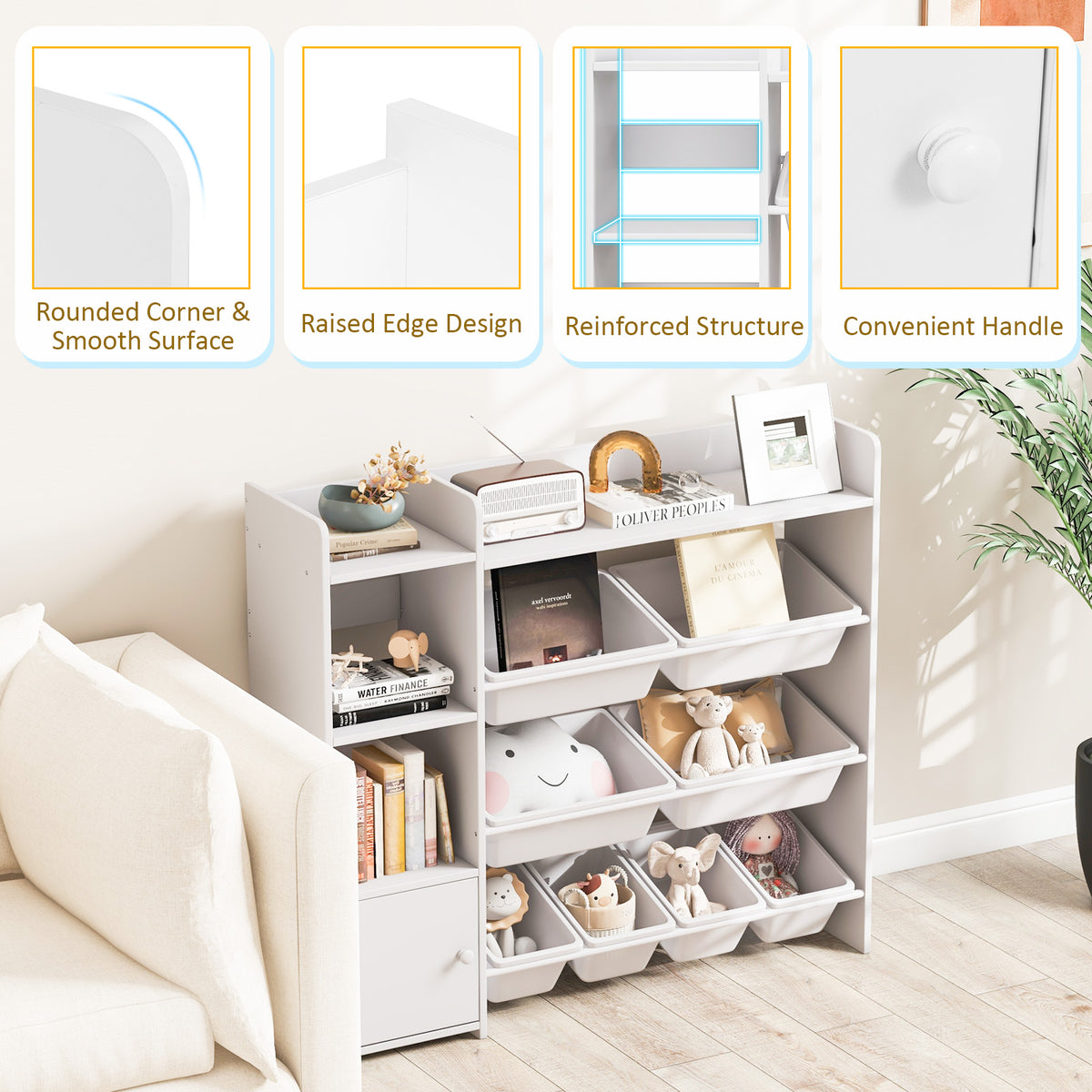 Kids Bookshelf and Toy Storage Rack with 8 Bins - White, 4-Tier Kids Organizer