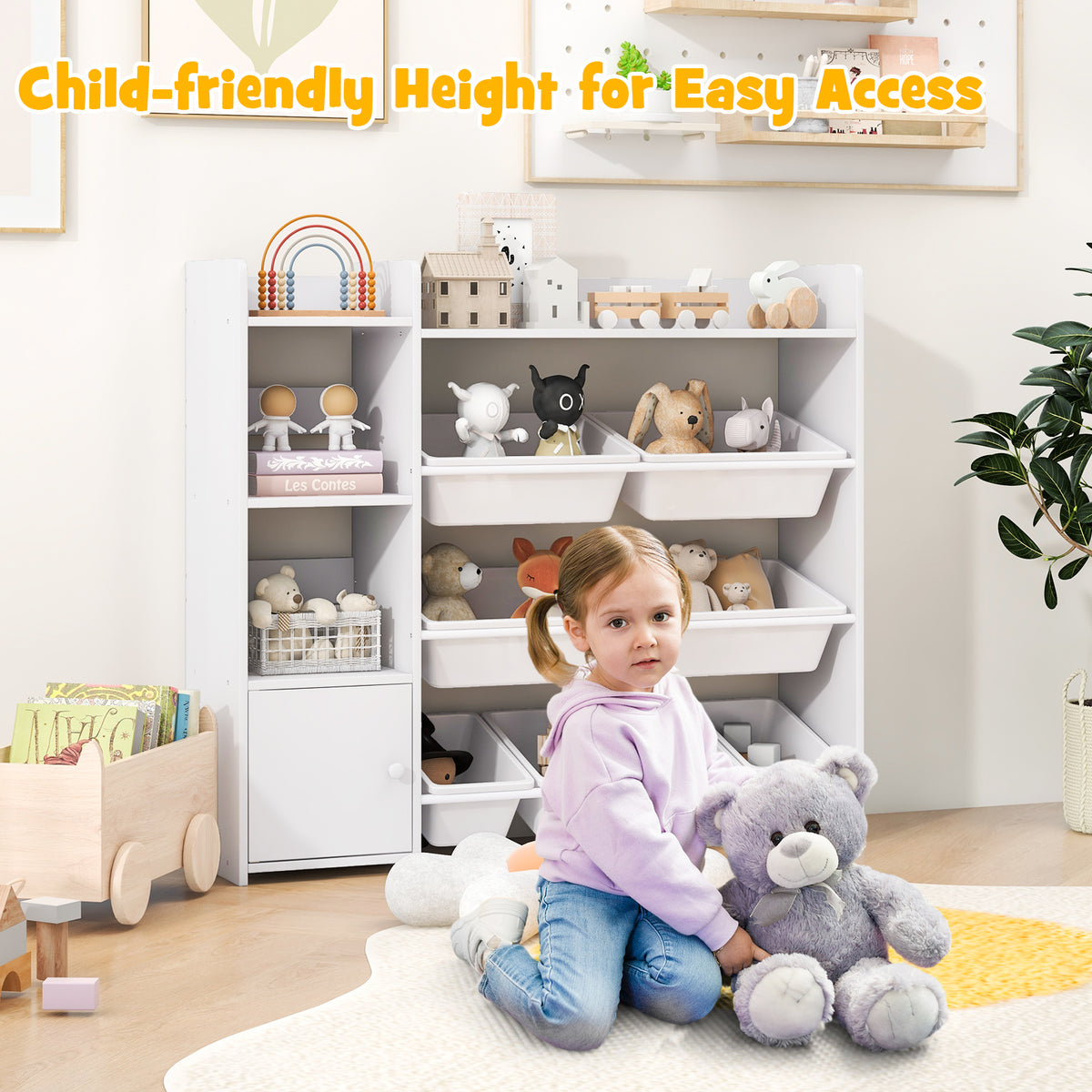 Kids Bookshelf and Toy Storage Rack with 8 Bins - White, 4-Tier Kids Organizer