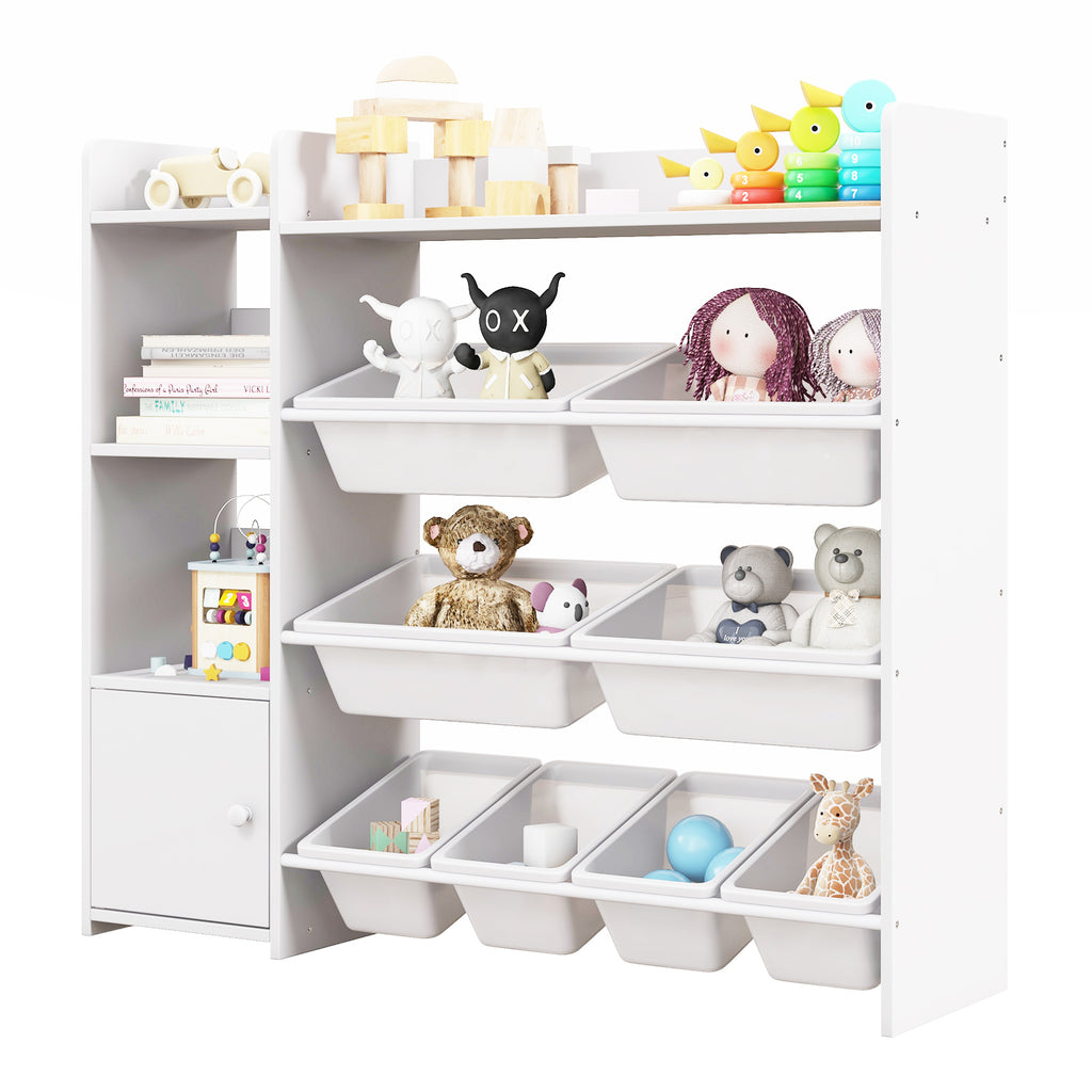 Kids Bookshelf and Toy Storage Rack with 8 Bins - White, 4-Tier Kids Organizer