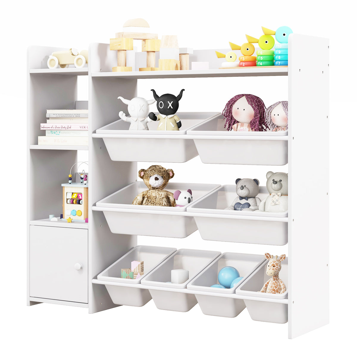 Kids Bookshelf and Toy Storage Rack with 8 Bins - White, 4-Tier Kids Organizer