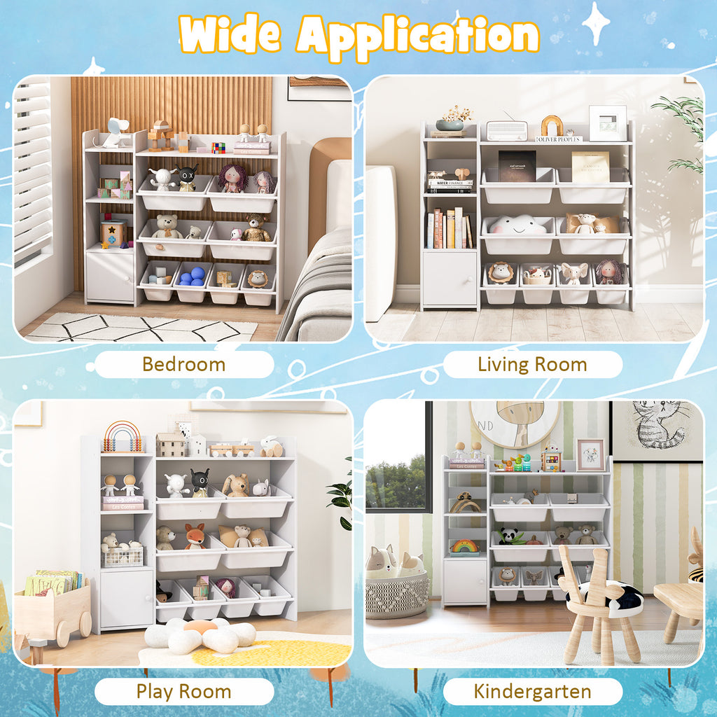 Kids Bookshelf and Toy Storage Rack with 8 Bins - White, 4-Tier Kids Organizer