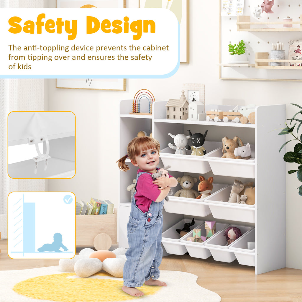Kids Bookshelf and Toy Storage Rack with 8 Bins - White, 4-Tier Kids Organizer