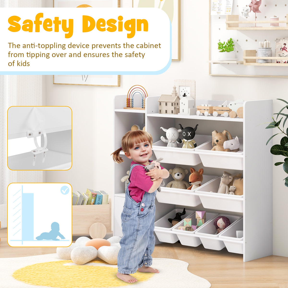 Kids Bookshelf and Toy Storage Rack with 8 Bins - White, 4-Tier Kids Organizer