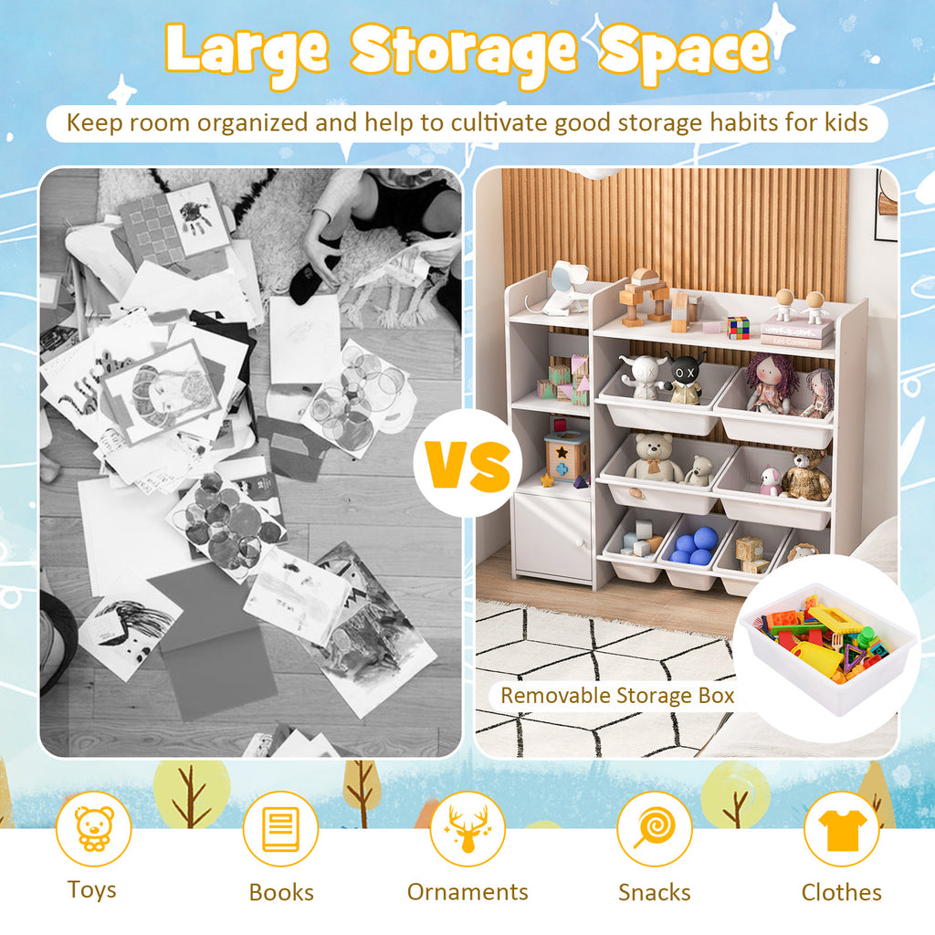 Kids Bookshelf and Toy Storage Rack with 8 Bins - White, 4-Tier Kids Organizer