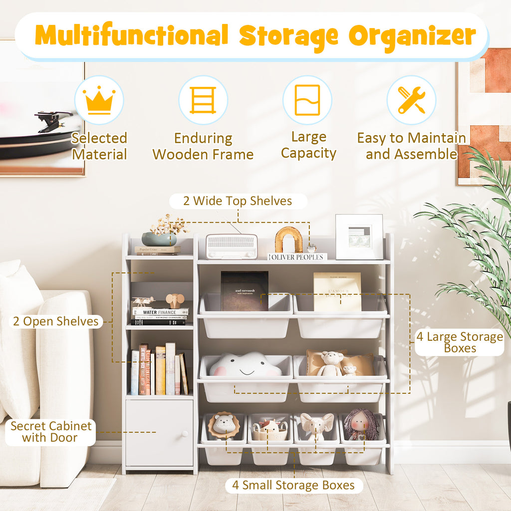 Kids Bookshelf and Toy Storage Rack with 8 Bins - White, 4-Tier Kids Organizer