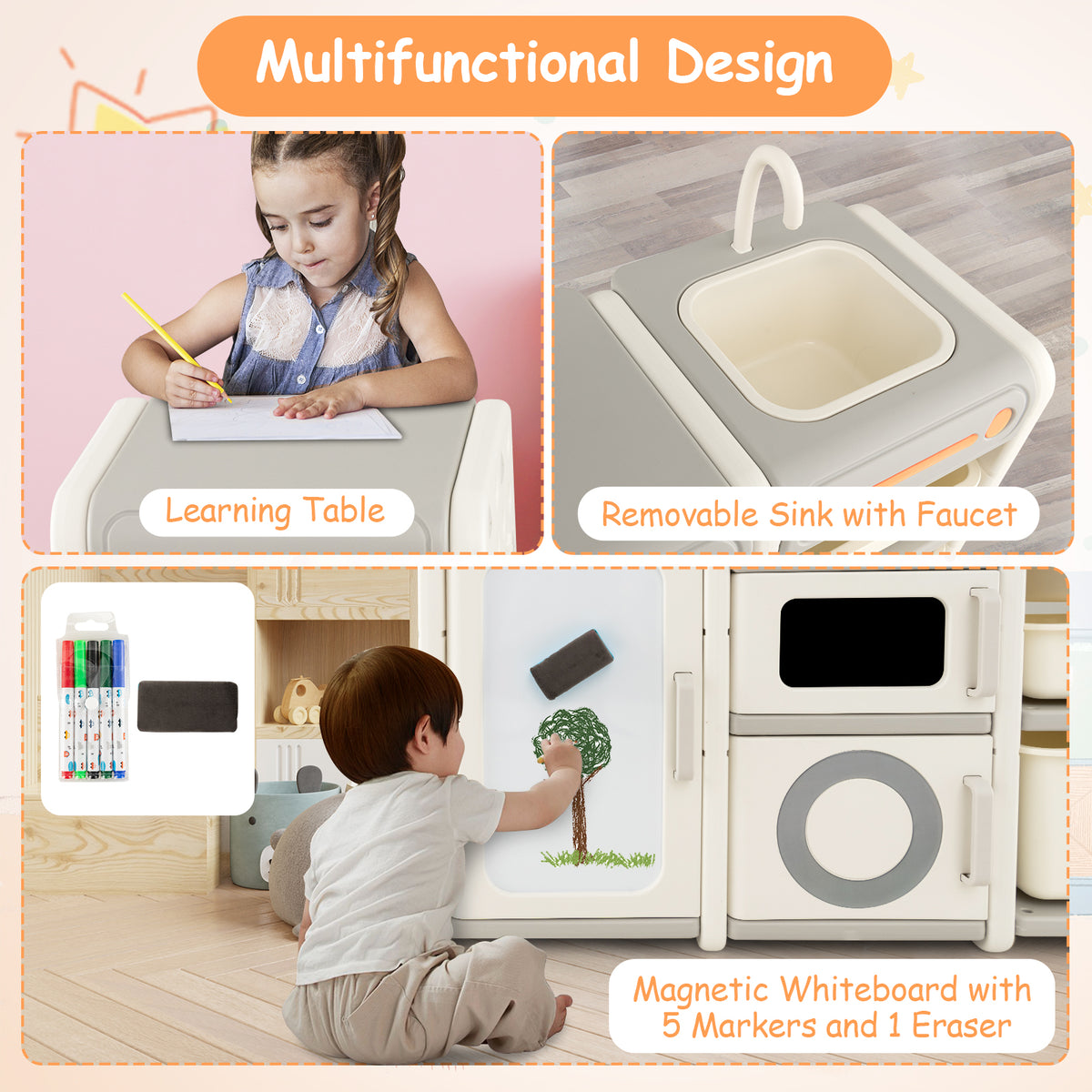 Children's Multipurpose Toy Chest Bookcase with Magnetic Whiteboard - Gray