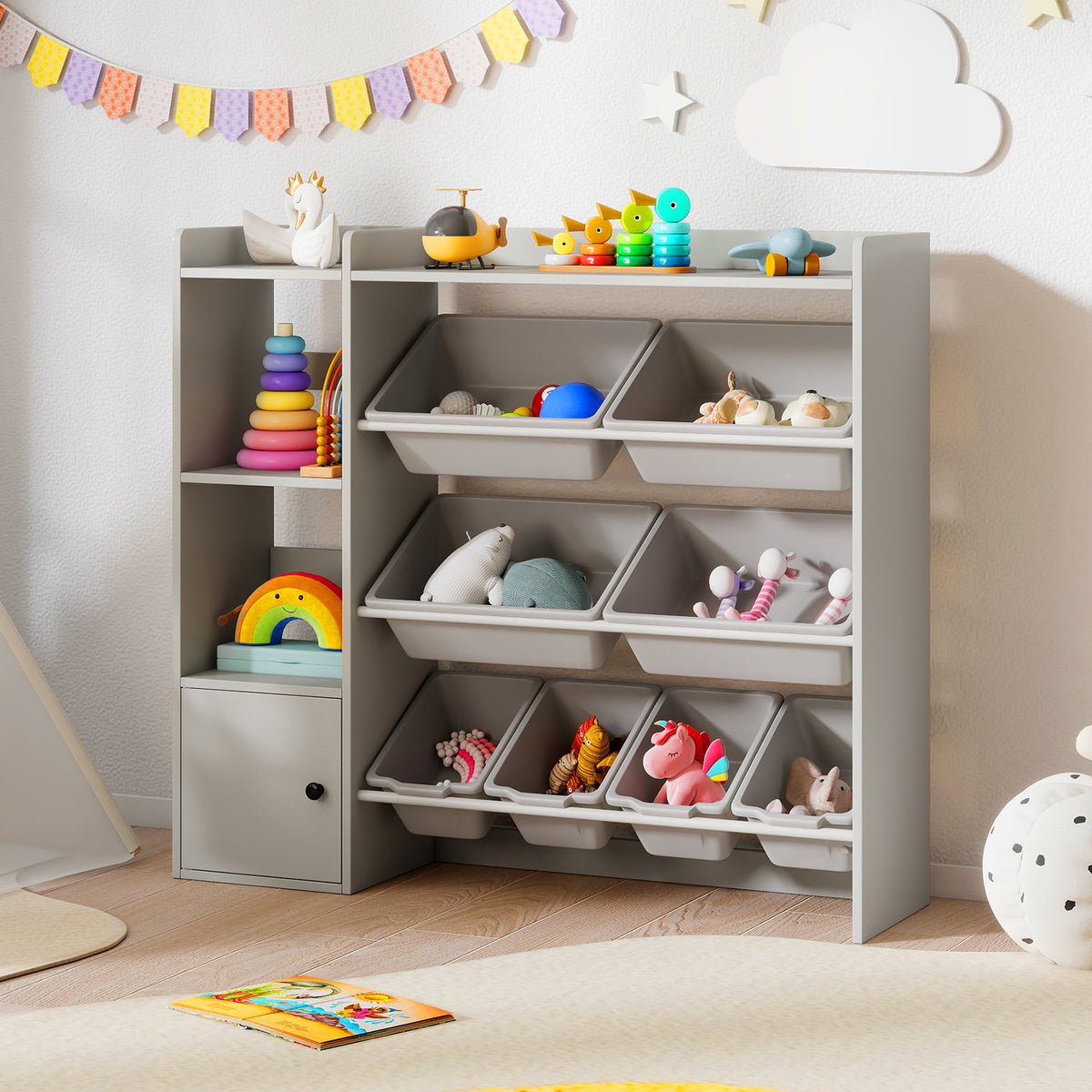 Kids Toy Storage and Bookshelf with Open Shelves & Single Door Cabinet - 44 Inch White