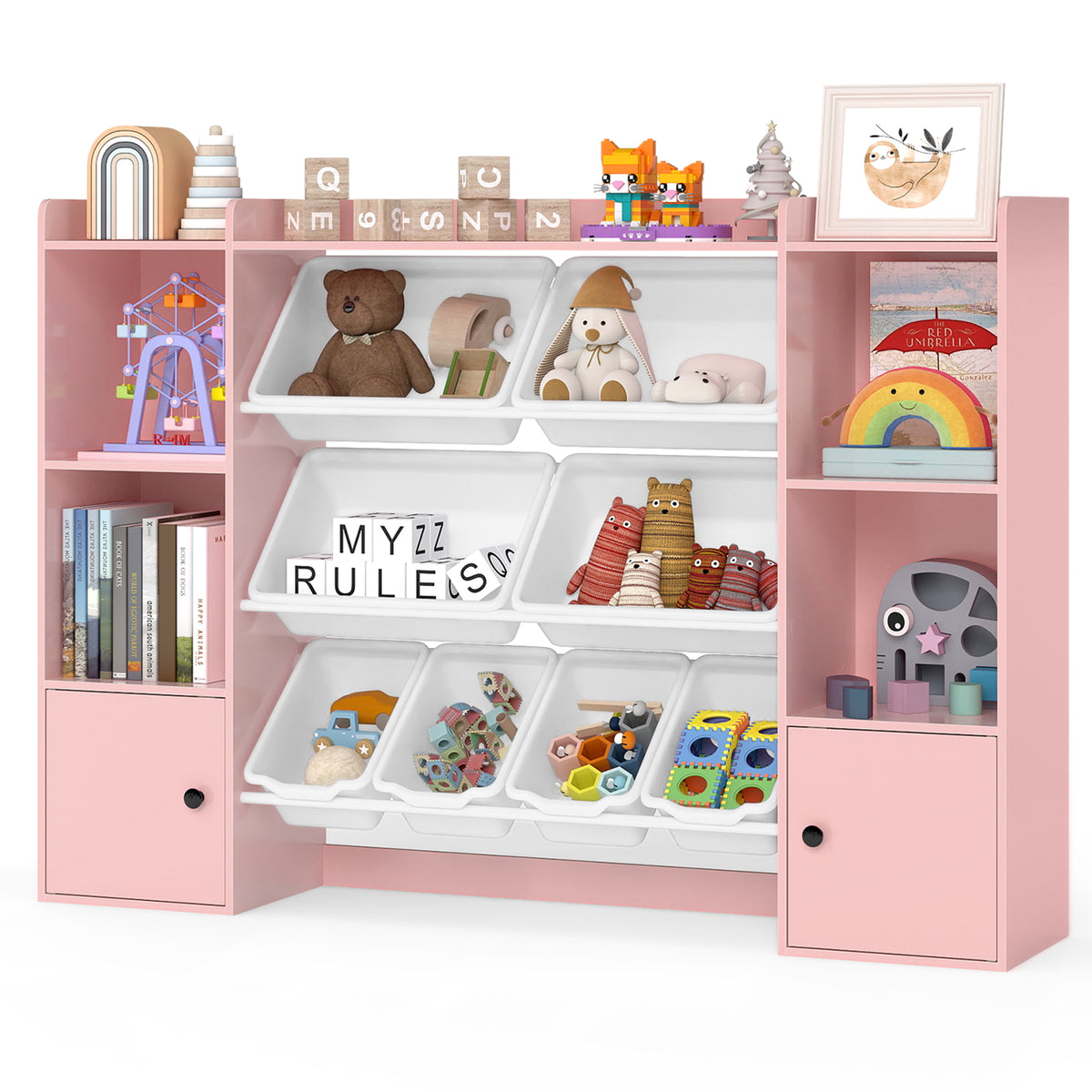 Kids Toy Storage and Bookshelf with Boxes & Shelves - Pink, 56.5 Inch