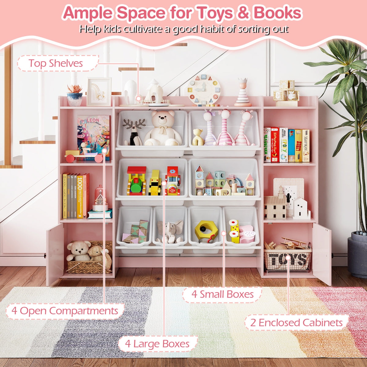 Kids Toy Storage and Bookshelf with Boxes & Shelves - Pink, 56.5 Inch
