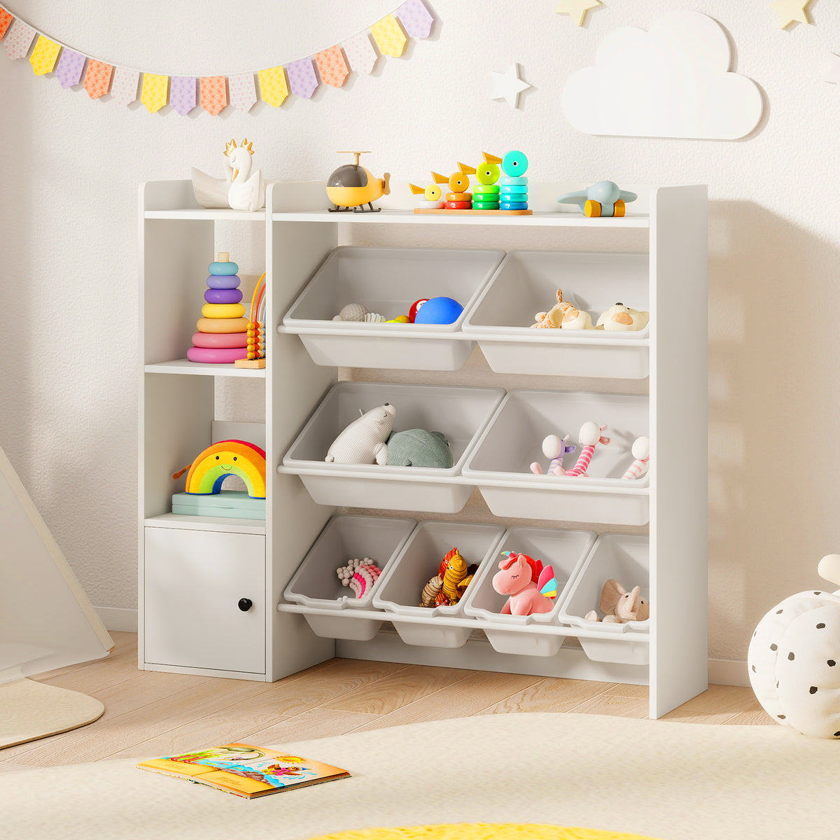 Kids Toy Storage and Bookshelf with Open Shelves & Single Door Cabinet - 44 Inch White