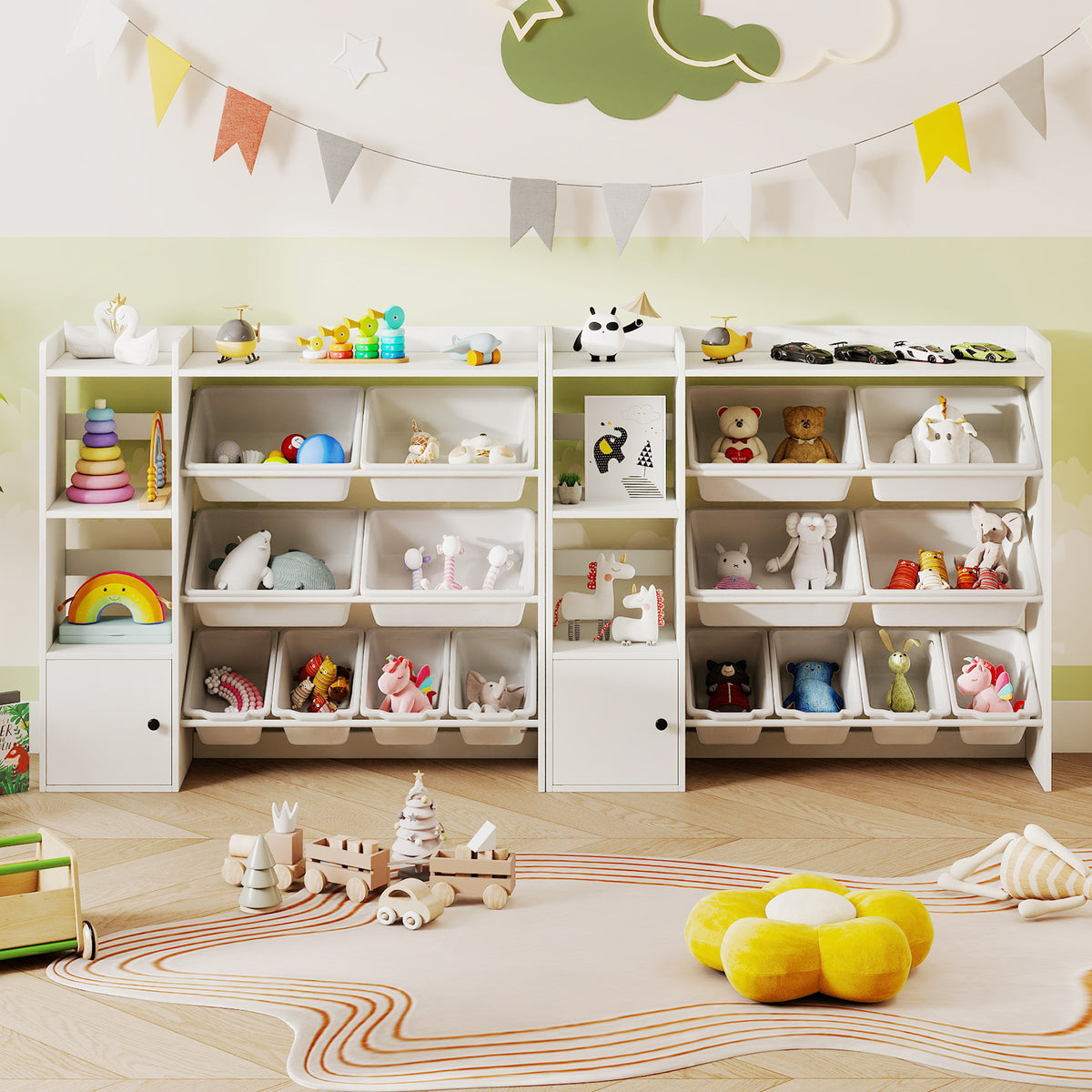 Kids Toy Storage and Bookshelf with Open Shelves & Single Door Cabinet - 44 Inch White