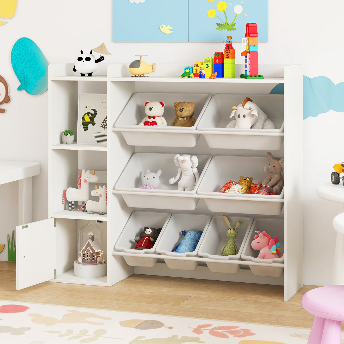Kids Toy Storage and Bookshelf with Open Shelves & Single Door Cabinet - 44 Inch White