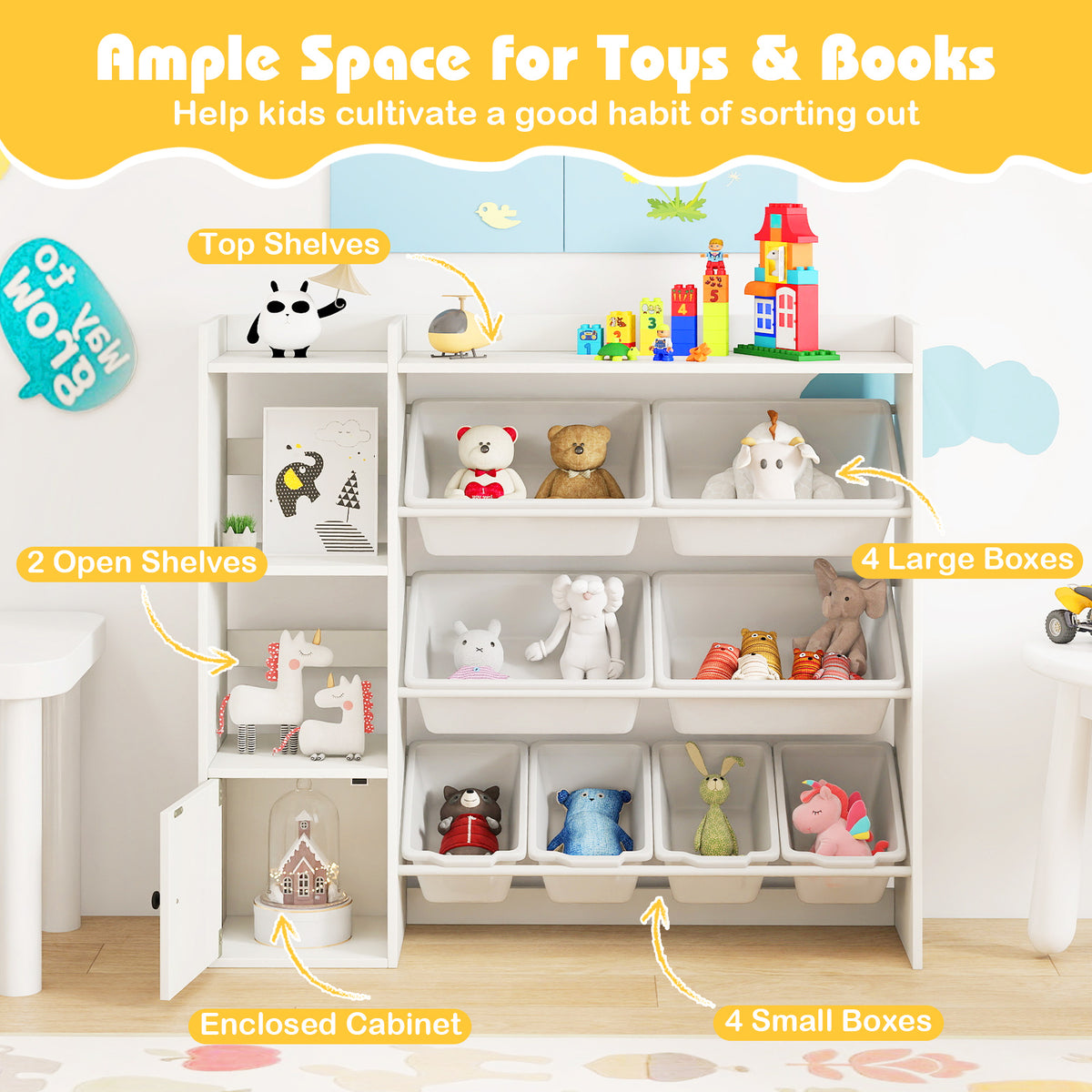 Kids Toy Storage and Bookshelf with Open Shelves & Single Door Cabinet - 44 Inch White