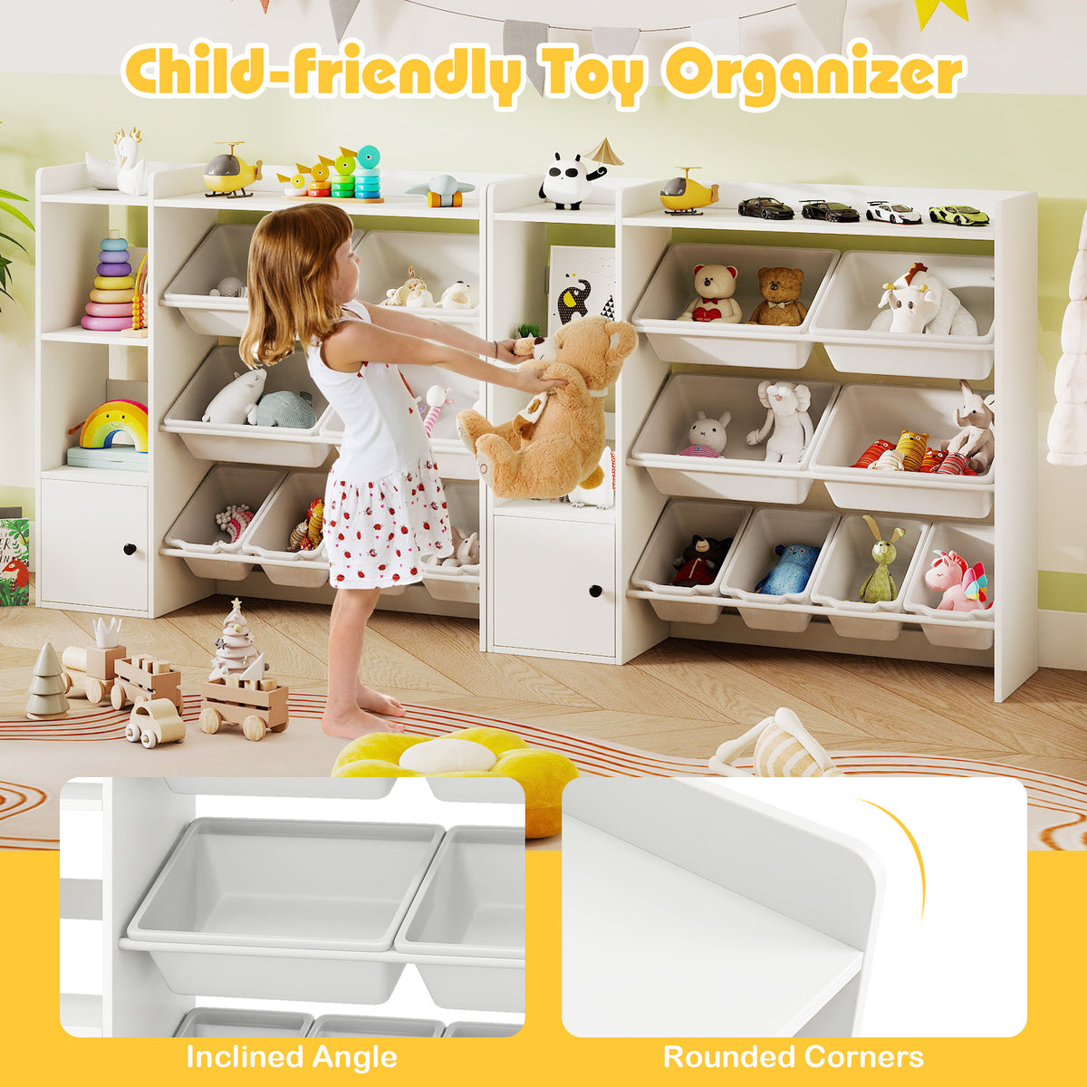 Kids Toy Storage and Bookshelf with Open Shelves & Single Door Cabinet - 44 Inch White