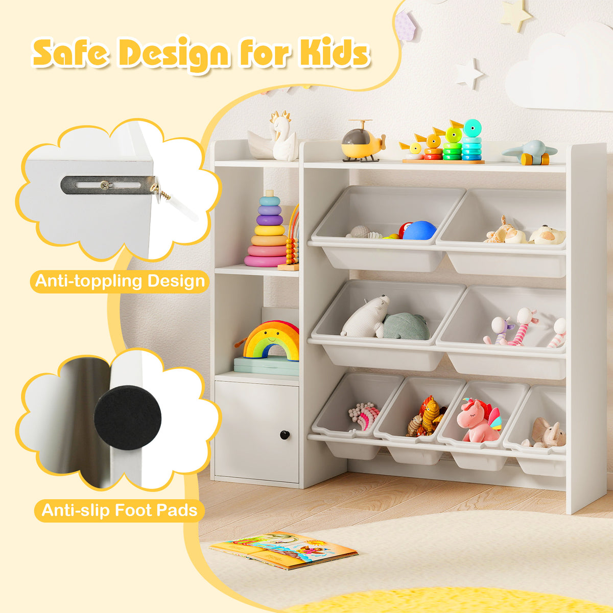 Kids Toy Storage and Bookshelf with Open Shelves & Single Door Cabinet - 44 Inch White