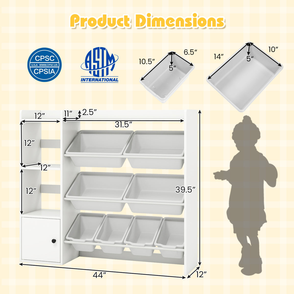 Kids Toy Storage and Bookshelf with Open Shelves & Single Door Cabinet - 44 Inch White