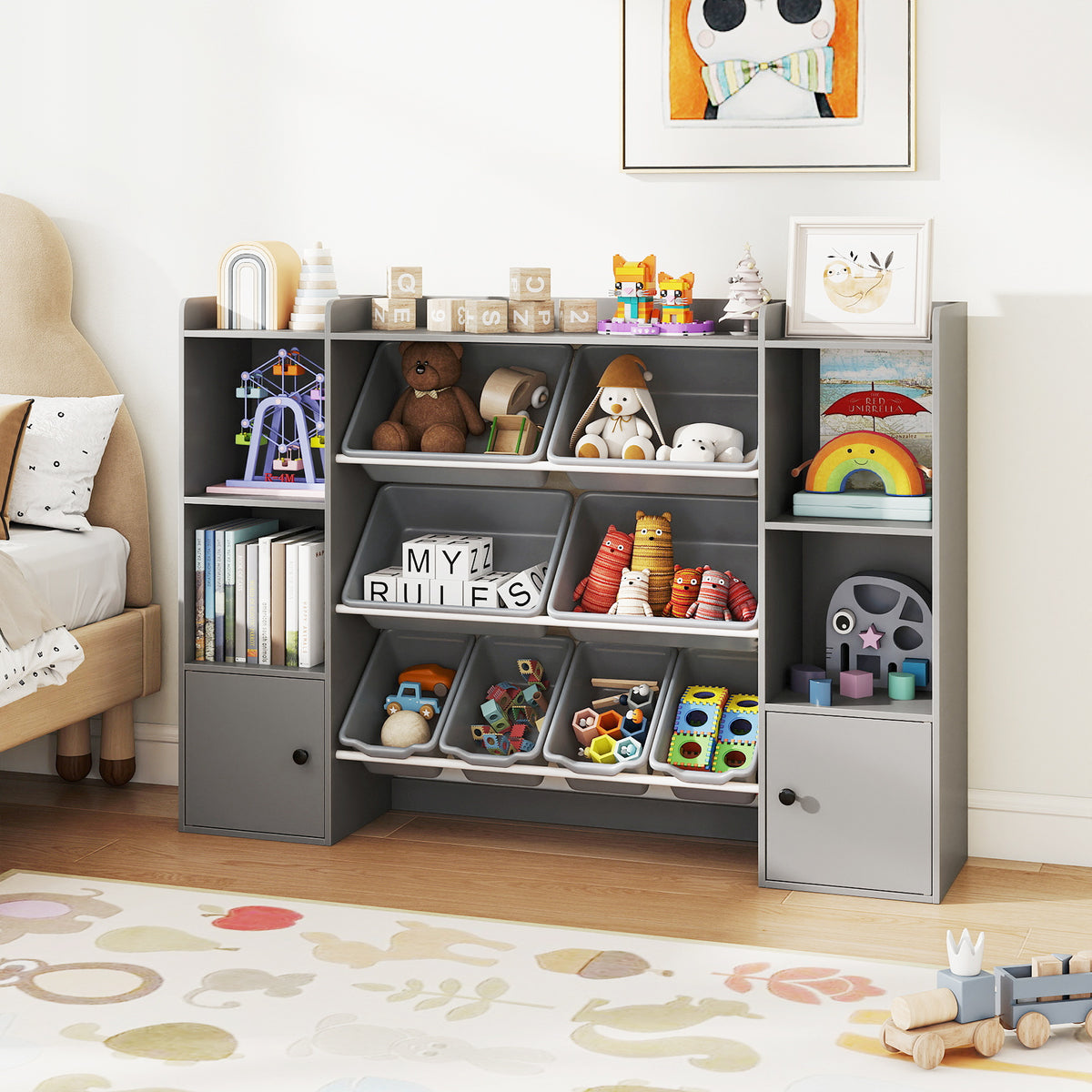 Kids Toy Storage and Bookshelf with Boxes and Open Shelves - 56.5 Inch Gray