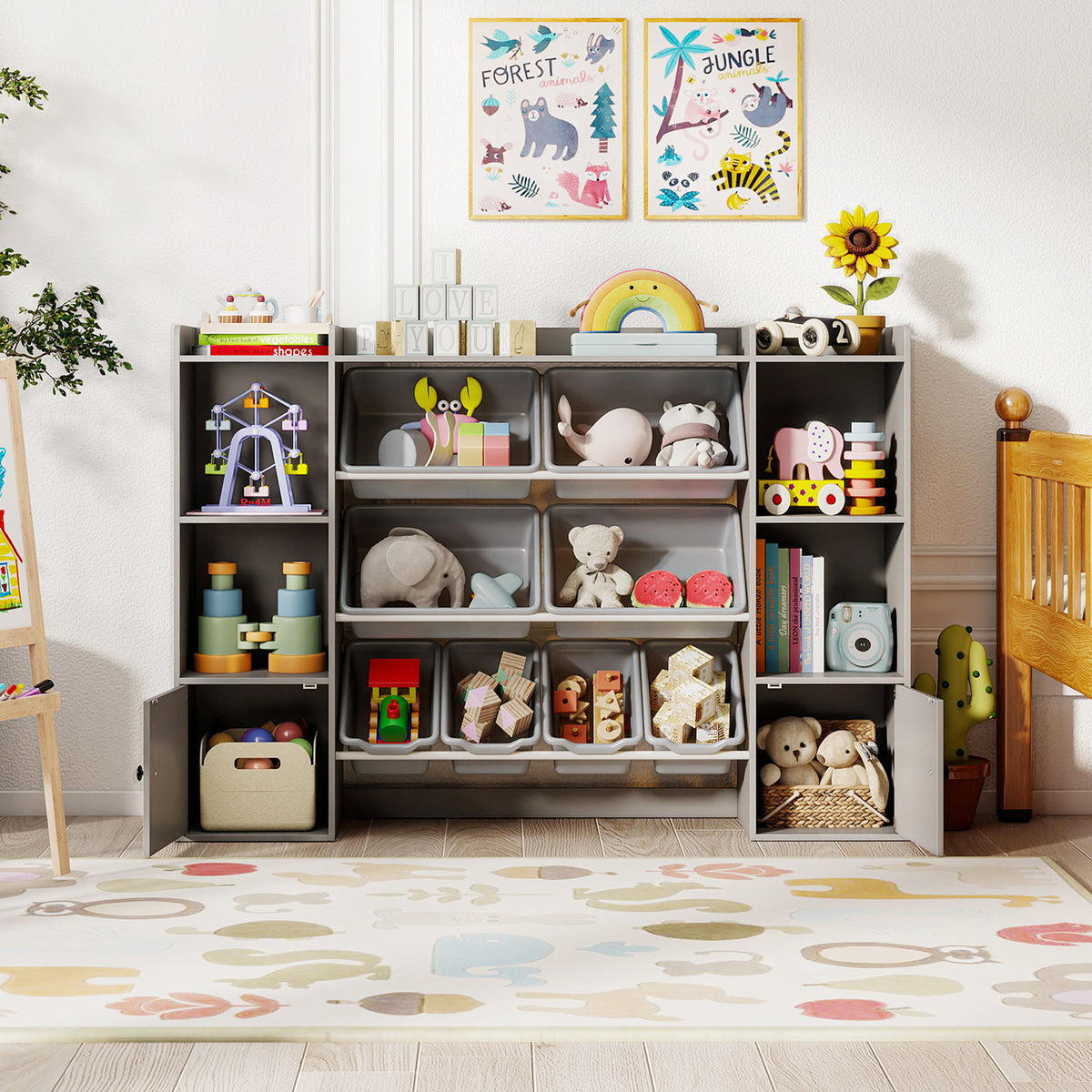 Kids Toy Storage and Bookshelf with Boxes and Open Shelves - 56.5 Inch Gray