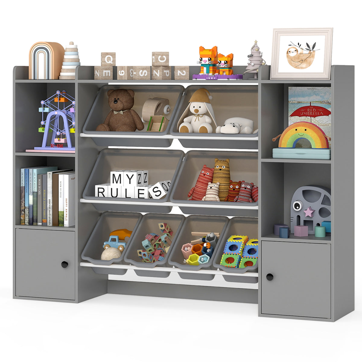 Kids Toy Storage and Bookshelf with Boxes and Open Shelves - 56.5 Inch Gray
